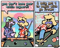 2_panel_comic aloha_shirt anthro ball beanie billiard_ball billiard_table bird_dog black_body black_fur canid canine canis clothing cue_stick dialogue domestic_dog duo english_text eyewear floppy_ears fur furniture golden_retriever half-closed_eyes hat headgear headwear hoodie humor hunting_dog male mammal narrowed_eyes pattern_clothing pattern_shirt pattern_topwear purple_body purple_fur rawdawgcomics rawdawgcomics_(series) retriever shirt speech_bubble stahli_(rawdawgcomics) sunglasses table text topwear yellow_body yellow_fur