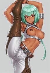 1girls ai_generated areolae breasts emerald_sustrai green_hair nipples red_eyes rwby shiny_hair shiny_skin simple_background smile smirk solo solo_female standing_on_one_leg standing_split tagme