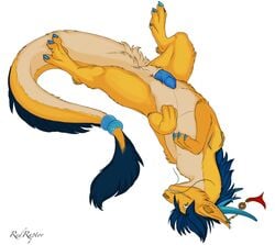 2013 blue_penis chinese_dragon digitigrade dragon feral fur grin half-erect horn looking_at_viewer lying male on_back penis plain_background redraptor16 sheath solo taoryu whiskers white_background yellow_fur