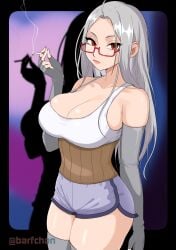 1girls 2025 2d 2d_(artwork) artist_name ayase_seiko barfchan black_border breasts cigarette clothed clothed_female cowgirl_position dandadan dolphin_shorts female female_only glasses grey_arm_warmers haramaki highres holding holding_cigarette human human_only large_breasts long_hair looking_at_viewer mature_female questionable red-framed_eyewear red_eyes semi-rimless_eyewear shadow shorts simple_background skindentation smoking solo solo_female straight_hair tank_top thighs