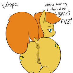 anus back_turned bedroom_eyes blue_eyes clitoris cutie_mark equine female friendship_is_magic fur hair hi_res hooves horse long_hair looking_at_viewer looking_back mammal my_little_pony orange_hair original_character plain_background pony presenting pussy raised_tail smile solo text vulapa yellow_fur