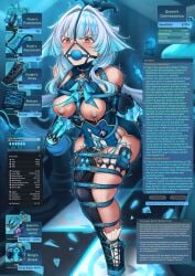 absurdres armbinder ball_gag bare_shoulders belt bishop_(chess) black_thighhighs blue_eyes blue_hair blush bondage bound boxbinder breasts cerydra_(honkai:_star_rail) chess_piece chessboard crown dankestofdans detached_sleeves dress female gag glaring gradient_hair hat highres honkai:_star_rail honkai_(series) immobilization information_sheet jester_cap king_(chess) knight_(chess) long_hair medium_breasts multicolored_hair multiple_belts nipple_piercing nipple_rings nipple_sleeves nipple_stimulation nipples pawn_(chess) piercing queen_(chess) restrained rook_(chess) sex_toy single_thighhigh solo stats thighhighs vibrator video_game_mechanics white_hair