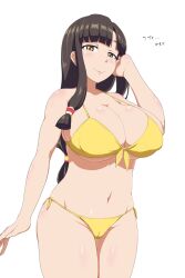 1girls arm_up big_breasts bikini blush breasts brown_hair bursting_breasts busty cameltoe cleavage covered_erect_nipples covered_nipples erect_nipples_under_clothes female female_only front-tie_bikini_top front-tie_top gorgonzola_(paradisegom) half-closed_eyes hand_on_own_head highres japanese_text jewelry large_breasts legs long_hair looking_at_viewer navel necklace parumezan pink_lips pose posing saaya_(suisei_no_gargantia) seductive seductive_look seductive_smile sensual sexy side-tie_bikini_bottom sideboob smile solo source_request suisei_no_gargantia swimsuit thighs thong_bikini translated voluptuous yellow_bikini yellow_eyes