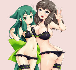 2010s 2girls :< :d arm_up ass ass_cleavage bare_shoulders bikini black_bikini breast_envy breast_press breasts brown_eyes brown_hair butt_crack cosplay cowboy_shot eyebrows female frilled_bikini frills gatchaman gatchaman_crowds green_eyes hai_ookami highres ichinose_hajime large_breasts leg_garter light-skinned_female light_skin long_hair looking_at_viewer lowleg lowleg_bikini md5_mismatch miya_utsutsu multiple_girls navel open_mouth payot simple_background smile standing swimsuit undersized_clothes v very_long_hair yuri