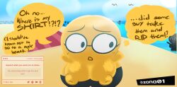 background_characters bald barely_clothed beach big_breasts bird black_pants breasts clueless day daytime emoji emoji_(race) english_text female freckles glasses inverted_nipples nerd nerd_emoji nerd_emoji_girl nude_beach puffy_nipples red_towel request requested round_glasses shirtless sky speech_bubble strawpage sun tan tanned thought_bubble towel unaware watermark worried yellow_skin zea_(zona01) zona01