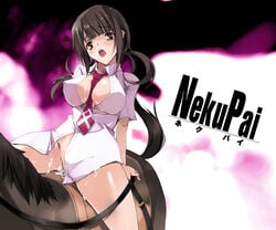 between_breasts blush bottomless breasts brown_eyes brown_hair cleavage cum cum_on_body cum_on_breasts cum_on_upper_body dress_shirt female feral fur horse large_breasts nagare_hyougo necktie necktie_between_breasts open_clothes open_mouth open_shirt saddle sawa_okita shirt tari_tari tied_hair twintails