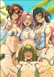 4girls :d :q ;d android animal_ears bikini black_hair blue_sky breasts choker closed_mouth clothing_cutout cloud colored_inner_hair commentary cute_fang day earrings english_commentary female goggles goggles_on_head grace_howard green_eyes green_hair hair_between_eyes hair_ornament hair_ribbon highres jane_doe_(zenless_zone_zero) jewelry large_breasts long_hair looking_at_viewer mouse_ears mouse_girl mouse_tail multicolored_hair multiple_females multiple_girls navel navel_cutout nicole_demara one-piece_swimsuit one_eye_closed open_mouth orange_eyes pink_hair qingyi_(zenless_zone_zero) red_hair ribbon sharp_tail sidelocks sky smile sphere_hair_ornament standing stomach swimsuit tail thigh_strap tongue tongue_out twintails two_side_up v white_bikini white_choker white_one-piece_swimsuit white_ribbon yusi_vishnu zenless_zone_zero