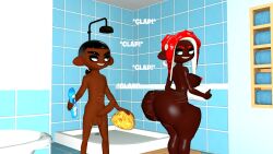 3d 3d_(artwork) ass_cheeks ass_clapping balls ballsack big_ass_(female) big_booty_(female) big_butt_(female) big_cock black_hair_male booty_cheeks booty_clapping bouncing_ass bouncing_butt bubble_ass bubble_ass_(female) bubble_booty bubble_butt bubble_butt_(female) butt_cheeks butt_clapping clapping_ass clapping_butt clapping_buttocks clapping_cheeks couple dark_skin ebony ebony_couple female full_balls grin grinning holding_towel kaibernation kenneth_blake loofah male married_couple motion_lines moxanne_ramona naked nude oc original_characters penis red_hair_female red_nipples shampoo_bottle shower smile smiling smiling_at_each_other splatoon splatoon_oc squishing_ass squishing_butt squishing_cheeks squishy_ass squishy_butt swinging_penis towel twerk twerking