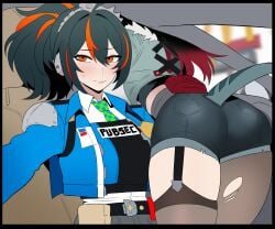 2girls absurdres ass ass_focus black_hair blush car embarrassed female female_only from_behind gradient_hair he_wants_to_order highres jane_doe_(zenless_zone_zero) light-skinned_female light_skin long_hair looking_at_viewer lord_dante low_ponytail motor_vehicle mouse_girl mouse_tail multicolored_hair multiple_females multiple_girls pantyhose pantyhose_under_shorts ponytail red_eyes red_hair she_wants_to_order short_shorts shorts single_thighhigh sweatdrop tail thighhighs torn_clothes torn_pantyhose torn_thighhighs two-tone_hair very_long_hair zenless_zone_zero zhu_yuan