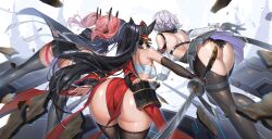 3girls animal_ears armor ass azur_lane back bare_shoulders bent_over black_gloves black_hair black_panties black_shorts black_skirt black_thighhighs breasts bremerton_(azur_lane) cg detached_sleeves facing_away female fox_ears from_behind garter_straps gloves grey_hair hair_ornament hakama holding holding_sword holding_weapon jacket japanese_armor japanese_clothes katana kii_(azur_lane) kimono large_breasts leaning_forward long_hair long_sleeves miniskirt multicolored_hair multiple_females multiple_girls panties pink_hair pleated_skirt reno_(azur_lane) sarashi sheath short_hair short_shorts shorts skindentation skirt sode standing streaked_hair sword thighhighs thighs twintails two-tone_hair underwear very_long_hair weapon