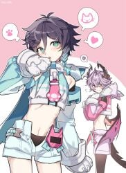 2boys 2femboys animal_hands black_hair black_pantyhose blue_hair blush braid crop_top daln1m demon_boy demon_wings detached_sleeves dragon_horns durin_(genshin_impact) femboy femboy_only gay genshin_impact gloves gradient_hair green_eyes heart highres hood horns long_sleeves looking_at_viewer male male_focus male_only midriff mini_durin_(genshin_impact) mini_durin_(human)_(genshin_impact) multicolored_hair multiple_boys multiple_males navel open_mouth pantyhose paw_gloves paw_print pink_background purple_hair red_eyes short_hair short_shorts shorts speech_bubble spoken_heart spoken_squiggle squiggle tail trap twin_braids venti_(genshin_impact) white_gloves white_shorts wings