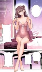 2.5_jigen_no_ririsa babydoll bare_arms bare_legs bare_shoulders bare_thighs barefoot bed belly_button_visible_through_clothing blush breasts brown_eyes brown_hair cleavage collarbone feet female hashimoto_yuu indoors lingerie long_hair manga nipples_visible_through_clothing official_art panties parted_lips see-through_clothing sitting small_breasts smile strap_pull tachibana_mikari thighs toes twintails underwear white_panties