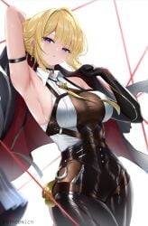 arm_strap armpits black_gloves black_pants blonde_hair braid braided_bun breasts chest_harness cleavage collared_shirt cyicheng earrings elbow_gloves evelyn_chevalier female gloves hair_bun harness hashtag-only_commentary high-waist_pants holding holding_jacket holding_unworn_clothes jacket jewelry large_breasts looking_at_viewer mole mole_under_eye necktie pants parted_lips purple_eyes see-through_cleavage see-through_clothes shirt short_hair simple_background single_elbow_glove sleeveless sleeveless_shirt solo tight_clothes tight_pants unworn_jacket white_shirt yellow_necktie zenless_zone_zero
