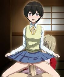 black_hair bokura_wa_minna_kawaisou bottomless censored circle_anco clothed_sex cowgirl_position female kawai_ritsu no_panties reverse_cowgirl_position school_uniform sex shirosaki skirt spread_legs vaginal_penetration