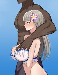 1boy 1boy1girl 1girls african_male black_male black_skin blush breast_grab breasts cheating chihel dark-skinned_male dark_skin digimon digimon_story digimon_story:_time_stranger female female_focus grabbing_another's_breast height_difference inori_misono large_breasts long_hair male misono_inori netorare ntr side_view silver_hair swimsuit taller_male