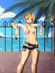 ahoge belt blonde_hair bob_cut breasts candy cheek_bulge female lollipop looking_away nail_polish navel nipples open_clothes open_shirt original outdoors red_eyes see-through short_hair short_shorts shorts silent-fly solo standing