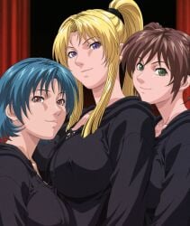 3girls accurate_art_style ai_generated amatsuki_jun asymmetrical_docking bible_black bible_black_only big_breasts breast_press breast_size_difference breasts breasts_against_back breasts_on_back brown_eyes brown_hair busty cleavage curvaceous curvy curvy_body curvy_female curvy_figure erect_nipples erect_nipples_under_clothes faithful_to_the_anime female female_focus female_only friends hooded_robe huge_breasts implied_yuri inviting inviting_to_sex kurimoto_maki lazycpt light-skinned_female light_skin looking_at_viewer medium_breasts medium_hair multiple_girls naughty naughty_face naughty_smile nipple_bulge nipples no_bra no_bra_under_clothes parted_bangs ponytail purple_eyes pussy raised_leg robe saeki_kaori sagging_breasts sandwich_position sandwiched short_hair sidelocks smile smirk take_your_pick teal_eyes teenage_female teenager threesome_invitation twintails uncensored voluptuous