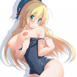 alternate_costume atago_(kantai_collection) blonde_hair blue_eyes breasts female kantai_collection kazushima large_breasts long_hair nipples solo swimsuit undersized_clothes wavy_mouth