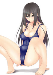 black_hair blush breasts bursting_breasts cameltoe erect_nipples female grey_eyes large_breasts long_hair looking_at_viewer muffin_(sirumeria) original shiny simple_background solo spread_legs swimsuit undersized_clothes white_background