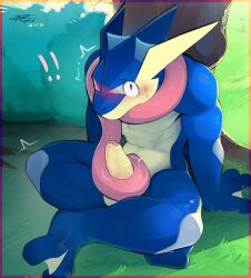 1boy 2025 amphibian anthro autotonguejob biped blue_body blush bodily_fluids caught caught_masturbating digital_media_(artwork) erection exclamation_point feet foreskin frog gay generation_6_pokemon genitals greninja hi_res humanoid_genitalia humanoid_penis long_tongue male male_only masturbation membrane_(anatomy) multicolored_body nintendo nopetrol oral oral_masturbation penis pokemon pokemon_(species) sex sitting sitting_on_grass solo sweat tan_body toes tongue tongue_out tongue_wrap tonguejob uncircumcised webbed_feet webbed_hands white_body yaoi