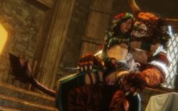 1boy 1girls 3d black_hair blender breasts charr female fireplace green_eyes guild_wars guild_wars_2 human indoors ingame_model interspecies male notablyfishy penis player_character revealing_clothes reverse_cowgirl_position reverse_upright_straddle table tan_skin underboob window wreath