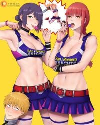 1boy 4:5 4girls big_breasts blonde_hair blush breasts brown_hair chainsaw chainsaw_man cleavage cosplay denji_(chainsaw_man) dismaiden female female_focus green_eyes higashiyama_kobeni juliet_starling_(cosplay) large_breasts lollipop lollipop_chainsaw makima_(chainsaw_man) male midriff miniskirt multiple_females multiple_girls navel nick_carlyle_(cosplay) open_mouth power_(chainsaw_man) purple_hair red_eyes red_hair revealing_clothes reze_(chainsaw_man) skirt smile twintails yellow_eyes