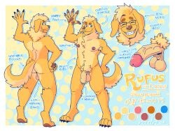 anthro ass balls bird_dog blue_eyes bodily_fluids canid canine canis closed_eyes digitigrade domestic_dog eyewear foreskin genital_fluids genitals gesture glasses golden_retriever hand_on_hip hi_res hunting_dog leaking_precum looking_at_viewer male mammal model_sheet naudiz_(artist) nipple_piercing nipples nude penis piercing precum raised_arm retracted_foreskin retriever saggy_balls smile solo standing tail waving