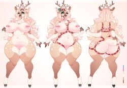 2_horns 5_fingers anthro areola big_breasts big_butt black_hooves blonde_hair blue_eyes blush body_blush breasts brown_body brown_fur brown_nose butt color_swatch colored deer digital_drawing_(artwork) digital_media_(artwork) ear_piercing eyelashes female female_only fingers fur genitals hair harness harness_only head_horn heart_(marking) hi_res hooves horn long_hair looking_at_viewer makeup mammal markings mokkapie muzzle_(object) muzzled new_world_deer nipple_piercing nipples piercing pink_areola pink_nipples reindeer shaded simple_background snout solo spots spotted_markings standing tail thick_thighs vulva vulva_blush white_body white_fur wide_hips