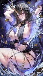 :p antlers armpits arms_up azur_lane between_breasts black_dress black_hair blue_eyes blush breast_curtains breasts cg chains cleavage coin dress female golden_hind_(azur_lane) hair_between_eyes heart heart-shaped_pupils horns huge_breasts large_breasts long_hair looking_at_viewer mole navel revealing_clothes smile solo symbol-shaped_pupils tentacle thighs tongue tongue_out water wet