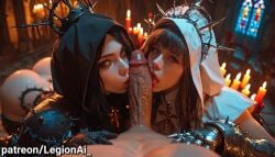 2girls ai ai_art ai_generated armor armored_gloves blowjob blowjob_pov collaborative_fellatio dark_fantasy fellatio fellatio_pov female grimdark male male_pov on_knees oral oral_sex penis thorns worship worshipping_cock