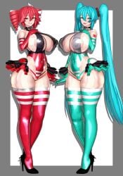 2girls 3d areola_slip areolae arm_tattoo armwear big_breasts big_nipples big_thighs blue_eyes blue_hair breasts breasts_bigger_than_head curvaceous curvy curvy_female curvy_figure female female_only g-string gigantic_breasts gigantic_thighs hair_ornament hairbow half-closed_eyes hand_on_breast hand_on_own_chest hatsune_miku heels high_heels hourglass_figure huge_areolae huge_breasts huge_nipples huge_thighs idohori_people kasane_teto kasane_teto_(sv) large_areolae large_breasts large_thighs legwear leotard looking_at_viewer massive_breasts massive_thighs miniskirt navel navel_visible_through_clothes nipple_bulge nipple_slip nipples red_eyes red_hair ruffled_skirt seductive seductive_look seductive_smile shiny_clothes shiny_skin simple_background skimpy skimpy_clothes skin_tight skindentation skirt slim_waist smile synthesizer_v tenga tenga_girl tenga_outfit thick_thighs thighhighs thighs thighs_bigger_than_head thighs_bigger_than_torso thong tight_clothing twin_drills twintails utau venus_body vocaloid voluptuous voluptuous_female wide_hips