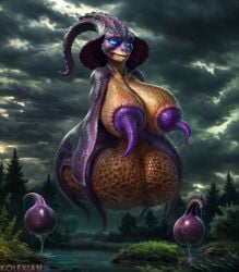 ai_assisted ai_generated bald big_breasts blue_eyes bluesky_username breasts clouds creature creepy deviantart_username dripping dripping_wet egg egg_from_cloaca egg_from_nipples female fingerless floating footless front_view full_body glowing_eyes hood huge_breasts kolexian legless membrane_(anatomy) nude nude_female original original_character patreon_username purple_scales rain raining relaxed scalie self_upload signature smile solo solo_female solo_feral story_at_source swamp tentacle teratophilia trees unusual_anatomy unusual_genitalia_placement water watermark wet x_username