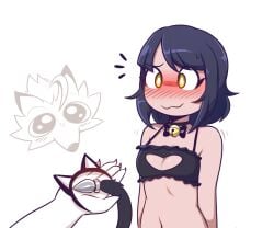 anthro begging bell bell_collar blush breasts buttplug buttplug_tail collar duo embarrassed fake_tail female generation_7_pokemon giidenuts hi_res human lycanroc male male/female mammal midday_lycanroc nintendo pleading_eyes plug_(sex_toy) pokemon pokemon_(species) sex_toy shaking surprised