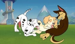 2014 black_nose blush canine chase_(paw_patrol) cum dalmatian erection fellatio fellatio_from_feral female feral feral_on_feral grass group group_sex hi_res knot male mammal marshall_(paw_patrol) milkshake! oral oral_sex outside paw_patrol paws penis pussy sex sky skye_(paw_patrol) teeth threesome xpfoddball