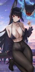 1girls absurdres animal_ear_fluff animal_ears arm_support bare_shoulders bikini black_bikini black_choker black_footwear black_panties black_pantyhose black_shirt blunt_bangs blurry blurry_background breasts choker cleavage closed_mouth cloud collarbone collared_shirt commentary_request dress_shirt far_side female floating fox_ears fox_girl fox_shadow_puppet halterneck high_heels highres hoshimi_miyabi large_breasts leg_up long_hair looking_at_viewer off_shoulder panties pantyhose railing red_eyes shirt skindentation sky sleeves_past_wrists star_(sky) starry_sky swimsuit tailless_(zenless_zone_zero) underwear very_long_hair water zenless_zone_zero