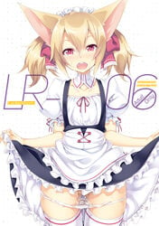 alfheim_online alternate_costume animal_ears ayano_keiko blonde_hair blush cait_sith cat_ears cover cover_page detached_collar doujin_cover enmaided female flat_chest ichijou_hitoshi looking_at_viewer maid maid_headdress open_mouth panties panty_pull pink_eyes pussy_juice short_hair short_twintails silica skirt skirt_lift solo sword_art_online thighhighs tied_hair twintails underwear white_legwear white_panties