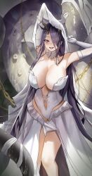 armpits arms_up azur_lane bare_shoulders blush breasts cg chains cleavage dress elbow_gloves female gloves golden_hind_(azur_lane) golden_hind_(forlorn_femme_fatale)_(azur_lane) hair_over_one_eye horns huge_breasts large_breasts leotard long_hair looking_at_viewer official_alternate_costume open_mouth purple_eyes purple_hair smile solo tentacle tongue tongue_out very_long_hair white_dress white_gloves white_leotard