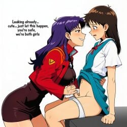 1girl1futa 2girls ai_assisted ai_generated english_text female futanari handjob intersex kokenaart misato_katsuragi motion_lines neon_genesis_evangelion precum request rule_63 school_uniform schoolgirl shinji_ikari tears