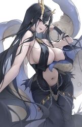 azur_lane bare_shoulders black_dress black_eyes black_hair blue_eyes blush breast_curtains breasts cg chains cleavage dress female golden_hind_(azur_lane) hair_between_eyes horns large_breasts long_hair looking_at_viewer mole mole_under_mouth navel open_mouth revealing_clothes sideboob simple_background sleeveless_dress smile solo stomach teeth tentacle tongue very_long_hair white_background