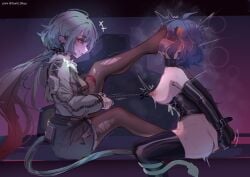 2girls absurdres arms_behind_back belle_(zenless_zone_zero) blindfold blue_hair bondage bondage_gear bondage_gloves bondage_mittens bound bound_wrists breasts chain chain_pull clothed_female clothed_female_nude_female collar feet feet_sniff female female_focus female_only femdom femsub foot_smelling foot_worship gag gagged grey_hair gun$_okyo highres jane_doe_(zenless_zone_zero) mittens multiple_females multiple_girls nipple_chain nipple_clamps nipple_stimulation nipple_torture nipples nude ponytail pulling_nipples restrained short_hair simple_background slave smelling smelling_feet tail tape tape_gag taped_hands thighhighs yuri zenless_zone_zero