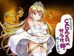 arms_under_breasts blonde_hair bondage bottomless breasts brown_eyes cadash choker cleavage commentary_request earrings elbow_gloves female gloves highres jewelry large_breasts lingerie long_hair medium_breasts princess_sarasa pussy shibari_under_clothes silver_tiara stone_wall thighhighs tiara translation_request underwear upskirt very_long_hair wasabi_miho white_choker white_gloves white_thighhighs wind wind_lift