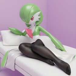 3d 3d_(artwork) ai_assisted ai_generated bed cosplay elfinmask facing_viewer gardevoir gardevoir_(cosplay) gardevoir_plushie_(meme) lying pokken_tournament simple_background stockings