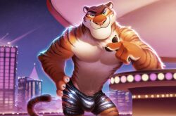 1boy 4_toes adult ai_generated buff bulge chest_tuft daddy detailed_background feet glitter looking_at_viewer male muscles muscular muscular_male paws penis shorts solo strip_club striped_body stripes teasing_viewer tiger tiger_dancer_(zootopia) zootopia zootopia_2