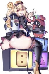 :d ass bangboo_(zenless_zone_zero) black_skirt black_thighhighs blonde_hair breasts burnice_white commentary english_commentary eyewear_on_head female from_behind highres hotvr large_breasts looking_at_viewer looking_back open_clothes open_mouth panties pixiv_username red_eyes red_moccus_(zenless_zone_zero) red_panties simple_background sitting skirt smile solo subscribestar_logo subscribestar_username sunglasses teeth thighhighs underwear upper_teeth_only v white_background zenless_zone_zero