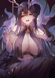 antlers azur_lane bandaged_arm bandages bare_shoulders black_hair black_nails blush breast_curtains breasts cg chains cleavage female golden_hind_(azur_lane) horns huge_breasts large_breasts long_hair looking_at_viewer mole mole_under_eye mole_under_mouth navel open_mouth purple_eyes revealing_clothes smile solo tentacle tongue tongue_out very_long_hair