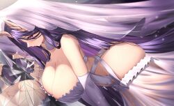 ass azur_lane bare_shoulders breasts bridal_veil cg cleavage different_reflection dress elbow_gloves female gloves golden_hind_(azur_lane) golden_hind_(forlorn_femme_fatale)_(azur_lane) horns huge_breasts long_hair mirror official_alternate_costume purple_eyes purple_hair reflection solo veil very_long_hair wedding_dress white_dress white_gloves