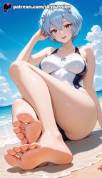 1girls 2025 ai_assisted ai_generated anime artist_name barefoot beach blue_hair blue_sky breasts bust cloud explicit feet female foot_fetish foot_focus foreshortening hi_res high_quality high_resolution highres looking_at_viewer neon_genesis_evangelion outdoors patreon patreon_username poolside rebuild_of_evangelion red_eyes rei_ayanami short_hair sky skypassion soles solo stable_diffusion swimsuit toes water watermark