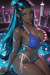 1girls ai_generated american_flag_bikini bikini black_hair blue_eyes blue_hair dark-skinned_female dark_skin female hi_res looking_at_viewer narrow_waist nessa_(pokemon) pokeball pokeballs pokemon pool poolside two-tone_hair upscaled wide_hips