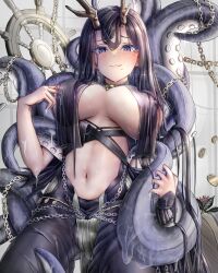 antlers azur_lane black_hair blush breast_curtains breasts cg chains closed_mouth coin covered_nipples cowboy_shot female golden_hind_(azur_lane) holding horns large_breasts long_hair looking_at_viewer mole mole_under_mouth navel purple_eyes revealing_clothes smile solo stomach tentacle very_long_hair