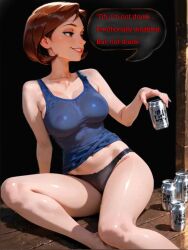 ai_generated beer black_panties drinking helen_parr looking_away see-through_clothing tight_topwear word_balloon words